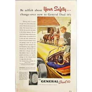 General Tire & Rubber "General Dual 10 Tires-Horse Stable Art" Vtg Print Ad 1937